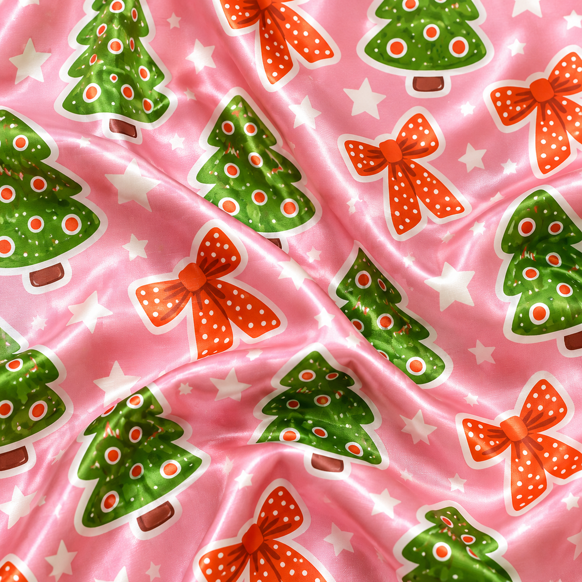 PJ-1932-Pink Christmas Tree Satin Pajama Set, Gingerbread Bow Festive Holiday Cozy Sleepwear