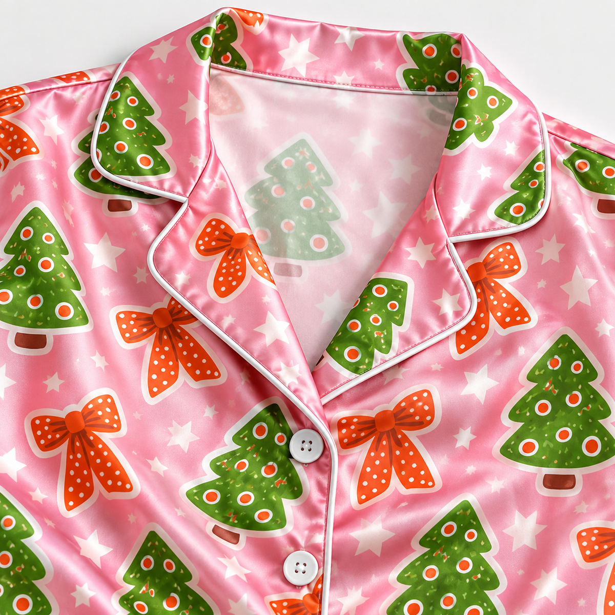 PJ-1932-Pink Christmas Tree Satin Pajama Set, Gingerbread Bow Festive Holiday Cozy Sleepwear