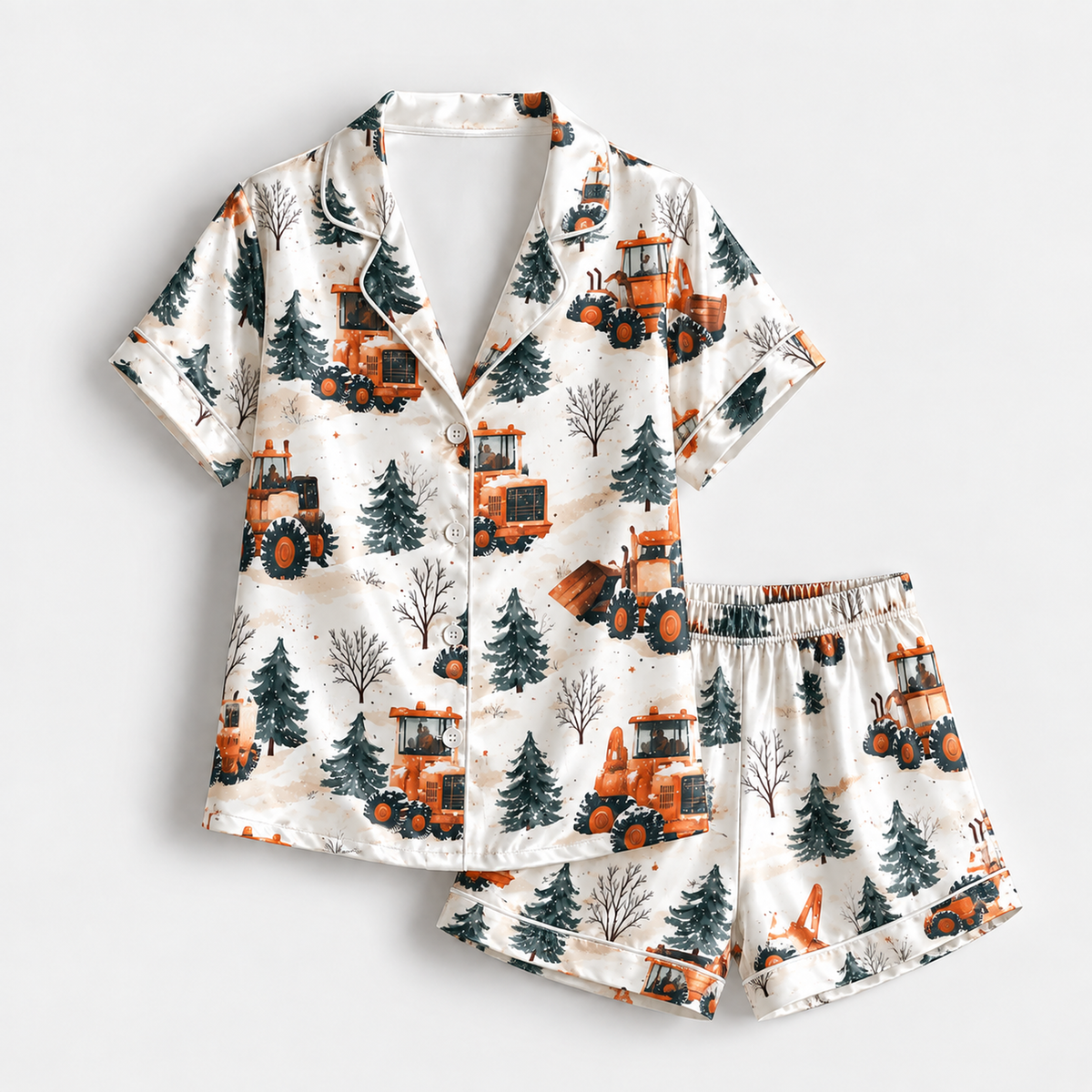 PJ-1935-Winter Tractor Satin Pajama Set, Snowy Pine Forest Farm Vehicle Cozy Country Sleepwear
