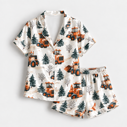 PJ-1935-Winter Tractor Satin Pajama Set, Snowy Pine Forest Farm Vehicle Cozy Country Sleepwear