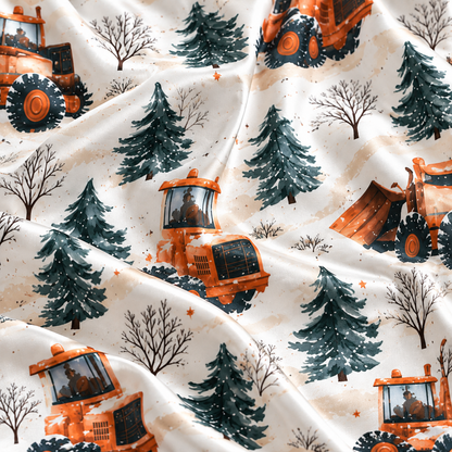 PJ-1935-Winter Tractor Satin Pajama Set, Snowy Pine Forest Farm Vehicle Cozy Country Sleepwear
