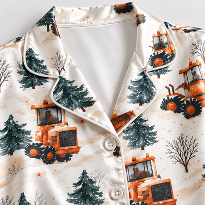 PJ-1935-Winter Tractor Satin Pajama Set, Snowy Pine Forest Farm Vehicle Cozy Country Sleepwear