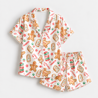 PJ-1936-Gingerbread Cookie Christmas Satin Pajama Set, Candy Cane Macaron Festive Holiday Sleepwear