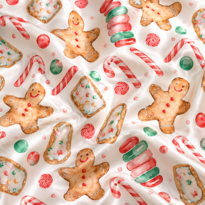 PJ-1936-Gingerbread Cookie Christmas Satin Pajama Set, Candy Cane Macaron Festive Holiday Sleepwear