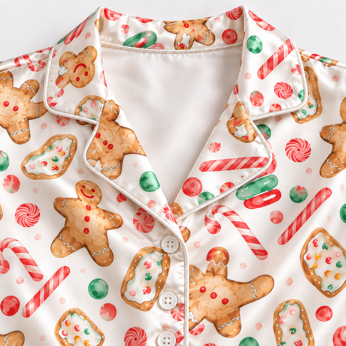 PJ-1936-Gingerbread Cookie Christmas Satin Pajama Set, Candy Cane Macaron Festive Holiday Sleepwear
