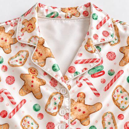 PJ-1936-Gingerbread Cookie Christmas Satin Pajama Set, Candy Cane Macaron Festive Holiday Sleepwear