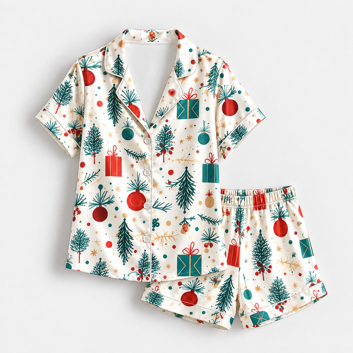 PJ-1937-Christmas Tree Satin Pajama Set, Gift Ornament Pine Branch Festive Holiday Sleepwear