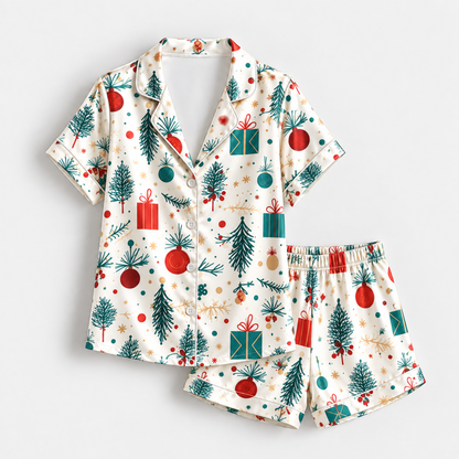 PJ-1937-Christmas Tree Satin Pajama Set, Gift Ornament Pine Branch Festive Holiday Sleepwear