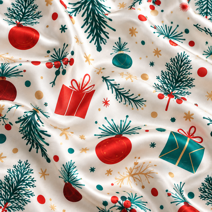 PJ-1937-Christmas Tree Satin Pajama Set, Gift Ornament Pine Branch Festive Holiday Sleepwear