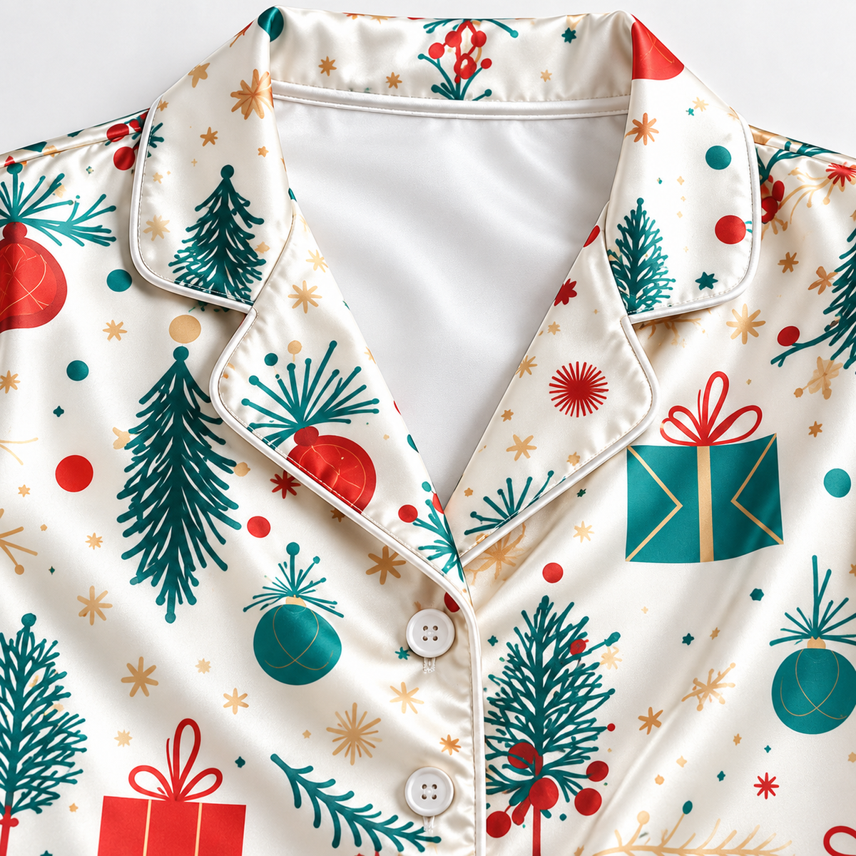PJ-1937-Christmas Tree Satin Pajama Set, Gift Ornament Pine Branch Festive Holiday Sleepwear