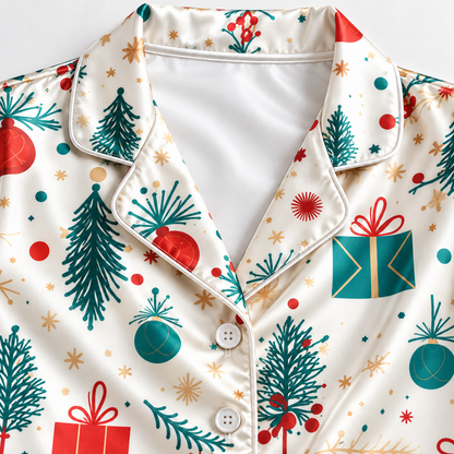 PJ-1937-Christmas Tree Satin Pajama Set, Gift Ornament Pine Branch Festive Holiday Sleepwear