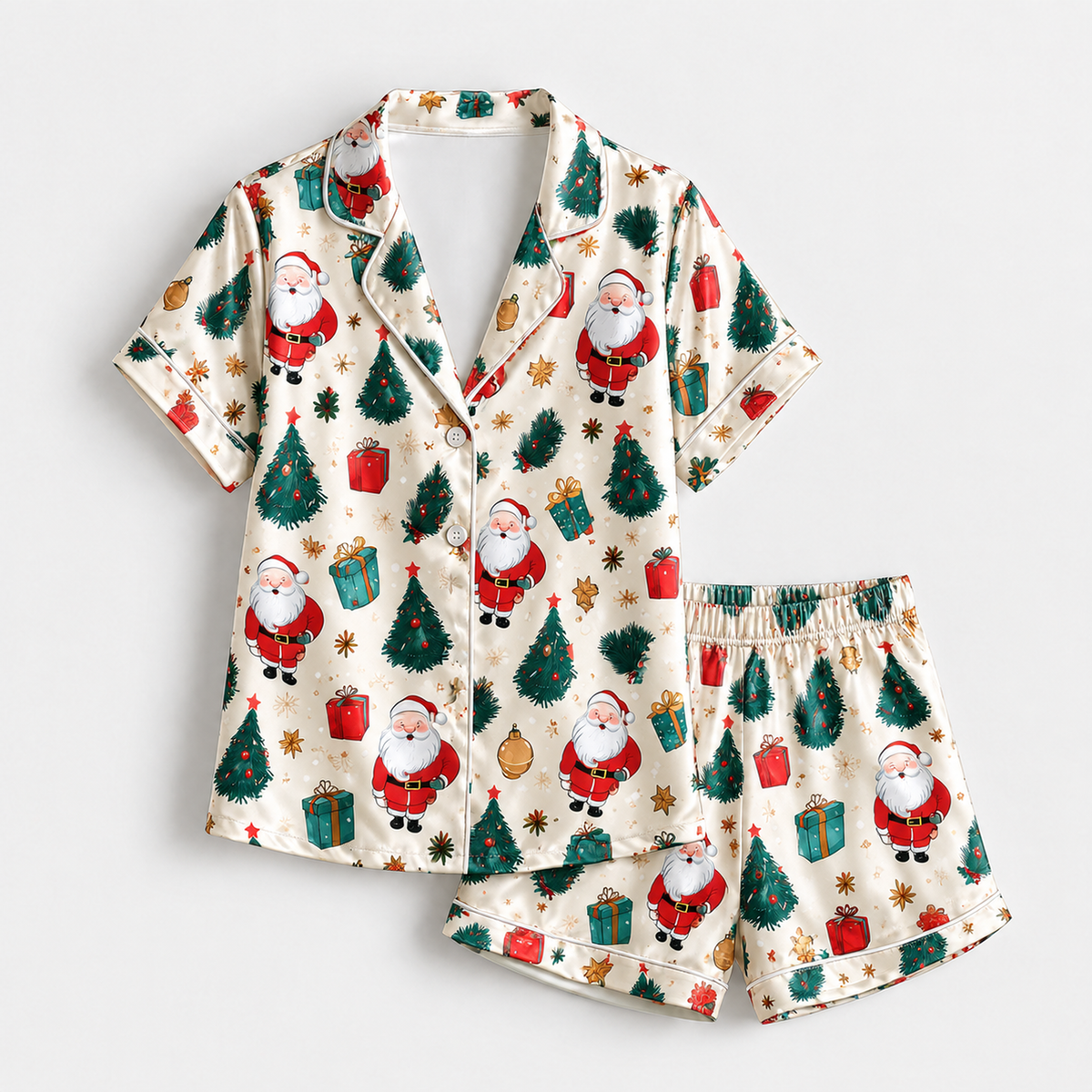 PJ-1938-Vintage Santa Christmas Satin Pajama Set, Christmas Tree Gift Ornament Festive Holiday Sleepwear