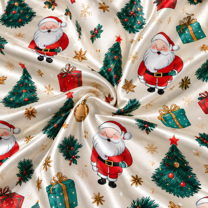 PJ-1938-Vintage Santa Christmas Satin Pajama Set, Christmas Tree Gift Ornament Festive Holiday Sleepwear