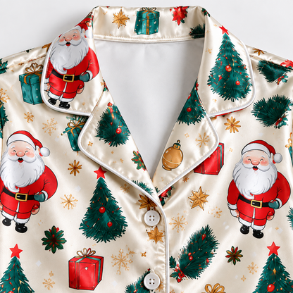 PJ-1938-Vintage Santa Christmas Satin Pajama Set, Christmas Tree Gift Ornament Festive Holiday Sleepwear