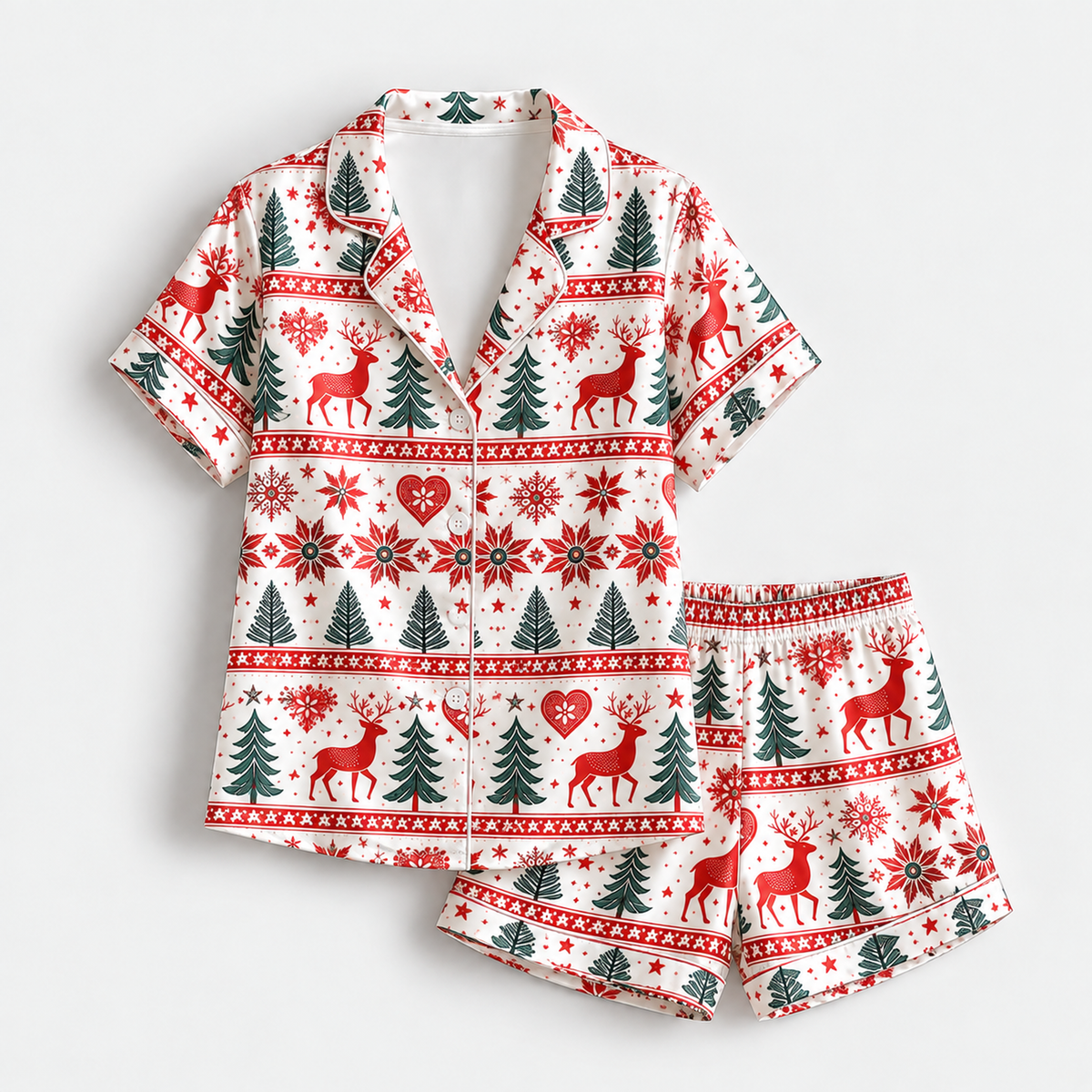 PJ-1939-Nordic Reindeer Christmas Satin Pajama Set, Snowflake Pine Tree Fair Isle Holiday Sleepwear
