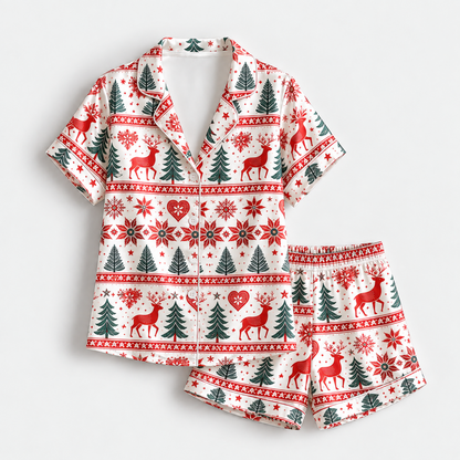 PJ-1939-Nordic Reindeer Christmas Satin Pajama Set, Snowflake Pine Tree Fair Isle Holiday Sleepwear