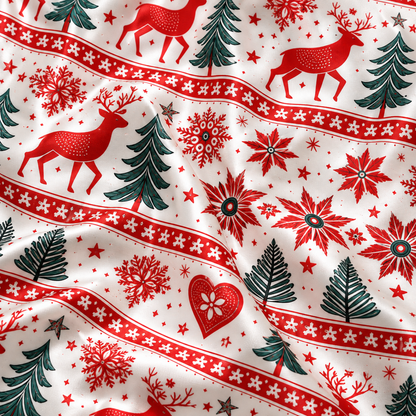 PJ-1939-Nordic Reindeer Christmas Satin Pajama Set, Snowflake Pine Tree Fair Isle Holiday Sleepwear