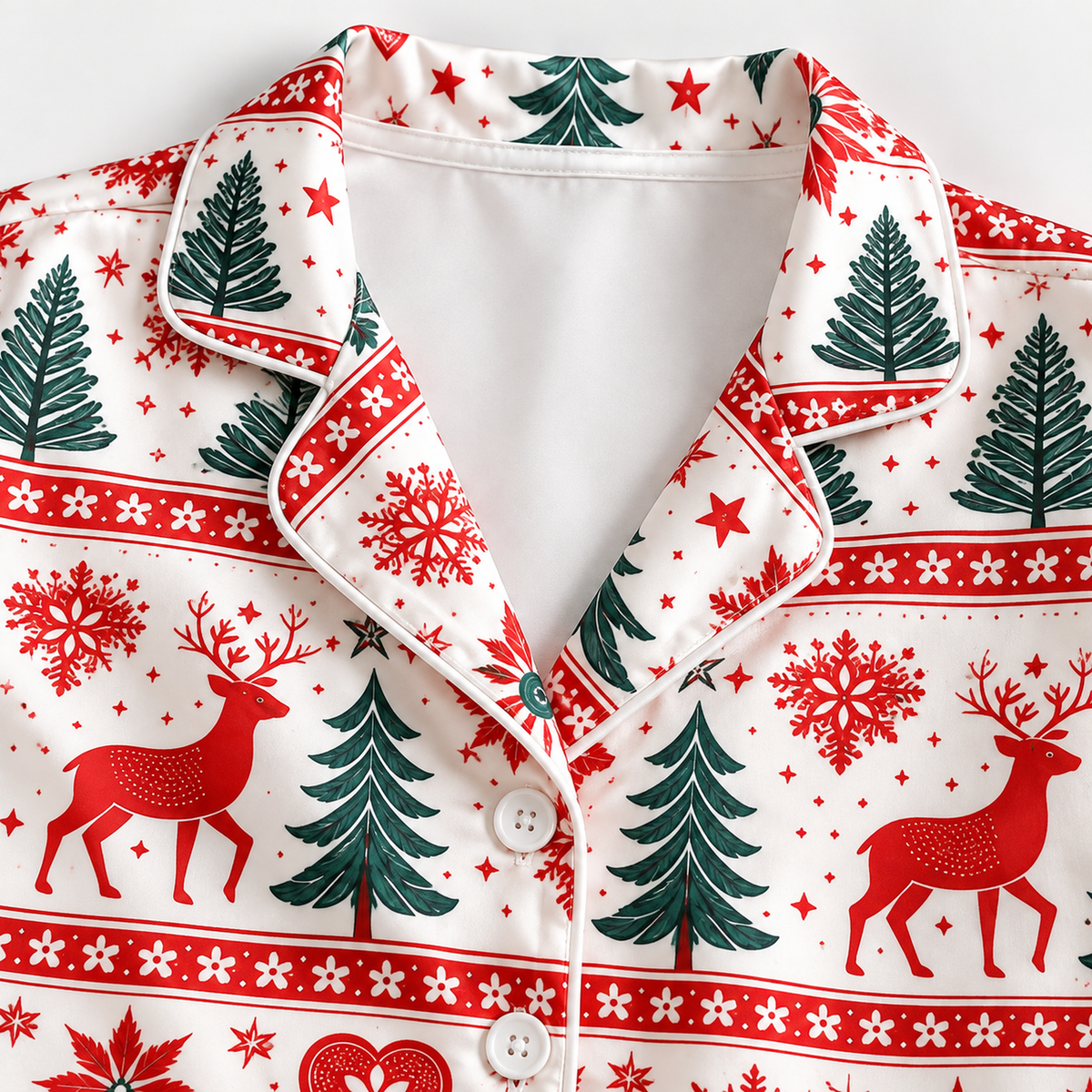 PJ-1939-Nordic Reindeer Christmas Satin Pajama Set, Snowflake Pine Tree Fair Isle Holiday Sleepwear