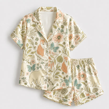 PJ-194-Woodland Fox Satin Pajama Set With Floral Leaf Print And Matching Sleepwear Bottoms FREE SHIPING