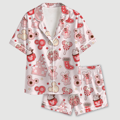 PJ-1941-Disney Mickey Mouse Christmas Satin Pajama Set, Gingerbread Cookies and Sweet Holiday Sleepwear