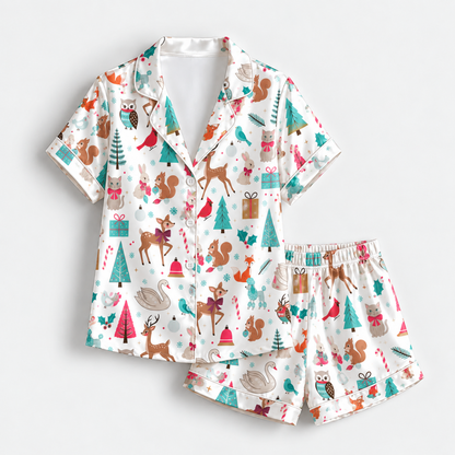 PJ-1942-Christmas Pajama Set, Woodland Animal Holiday Pajamas, Deer Squirrel Owl Winter Forest Sleepwear, Festive Christmas PJs