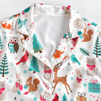 PJ-1942-Christmas Pajama Set, Woodland Animal Holiday Pajamas, Deer Squirrel Owl Winter Forest Sleepwear, Festive Christmas PJs