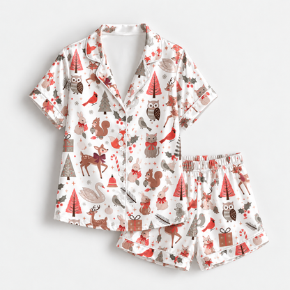 PJ-1943-Christmas Pajama Set, Woodland Animal Pajamas, Deer Owl Squirrel Holiday Sleepwear, Winter Forest Christmas PJs
