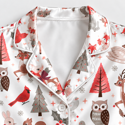PJ-1943-Christmas Pajama Set, Woodland Animal Pajamas, Deer Owl Squirrel Holiday Sleepwear, Winter Forest Christmas PJs