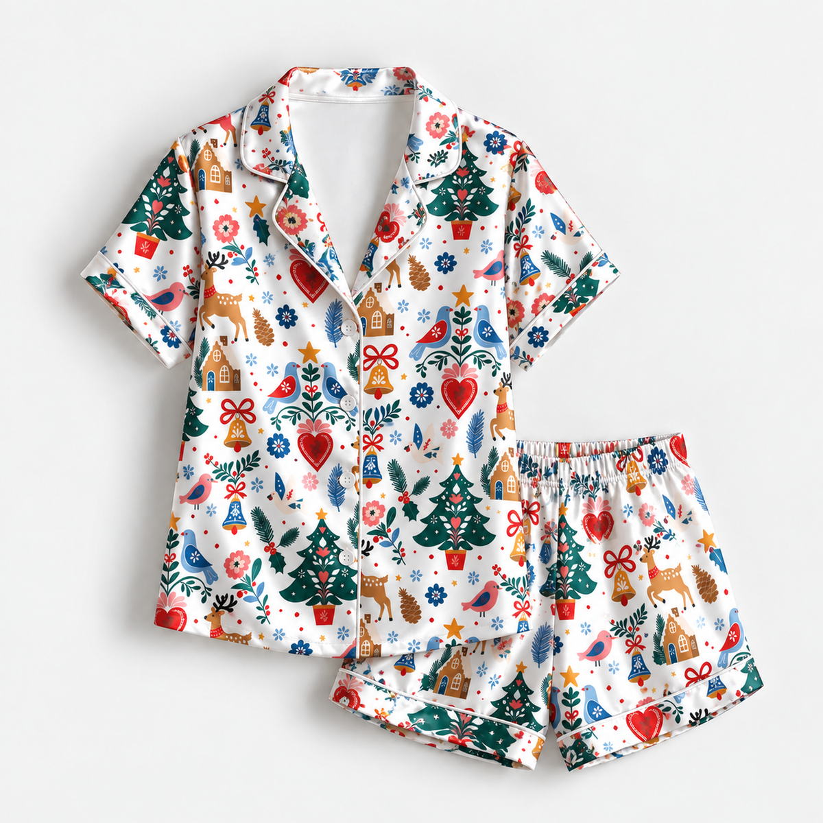 PJ-1944-Christmas Pajama Set, Folk Art Christmas Tree Pajamas, Heart Floral Reindeer Holiday Sleepwear, Scandinavian Style Festive PJs