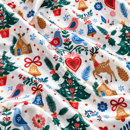 PJ-1944-Christmas Pajama Set, Folk Art Christmas Tree Pajamas, Heart Floral Reindeer Holiday Sleepwear, Scandinavian Style Festive PJs