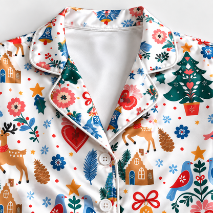 PJ-1944-Christmas Pajama Set, Folk Art Christmas Tree Pajamas, Heart Floral Reindeer Holiday Sleepwear, Scandinavian Style Festive PJs