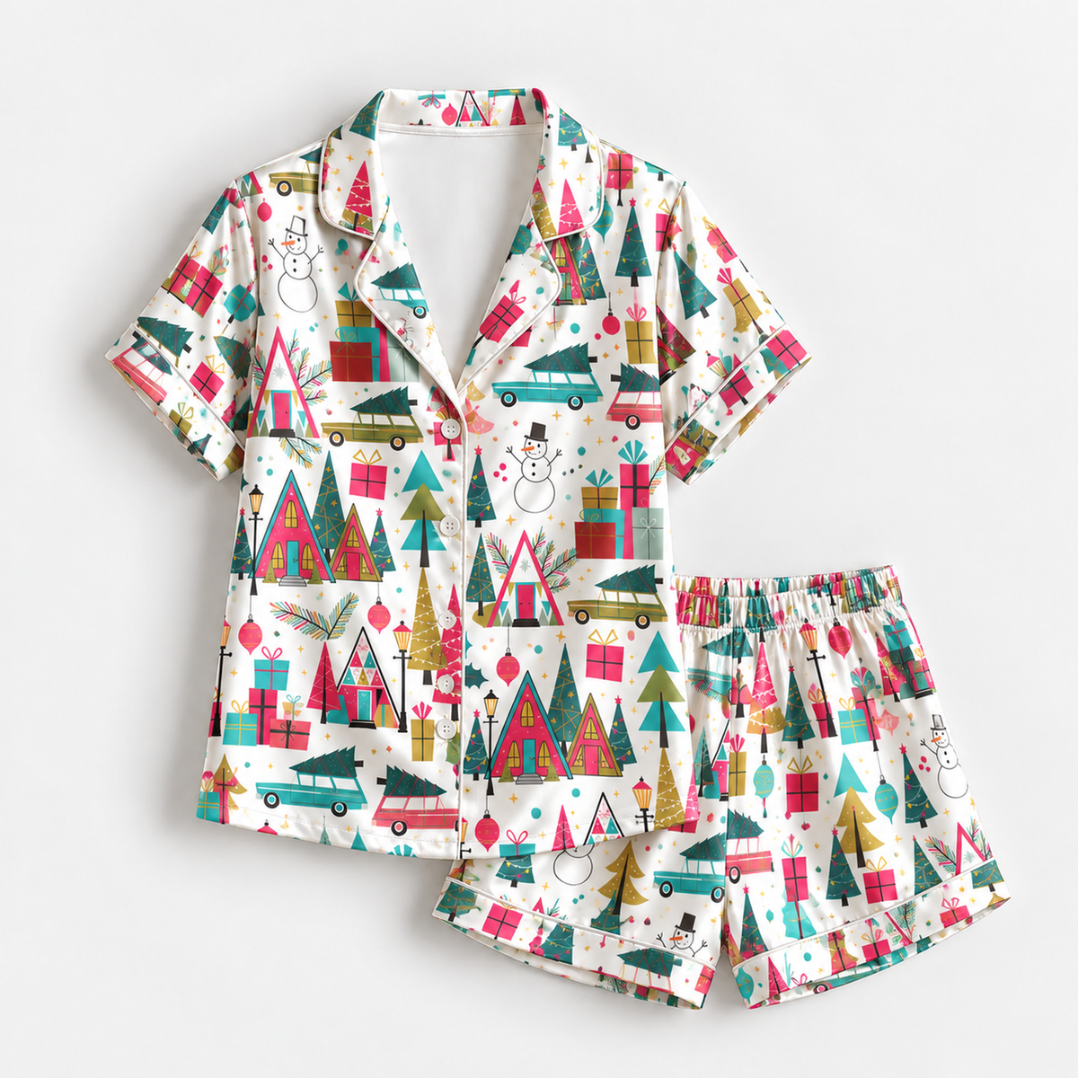 PJ-1945-Christmas Pajama Set, Retro Holiday Village Pajamas, Colorful Christmas Tree Gift Car Sleepwear, Festive Winter PJs