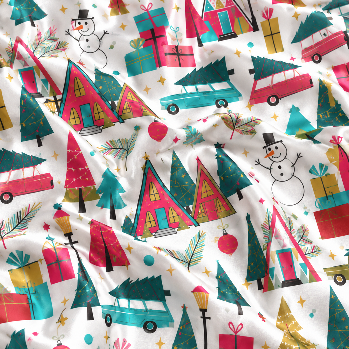 PJ-1945-Christmas Pajama Set, Retro Holiday Village Pajamas, Colorful Christmas Tree Gift Car Sleepwear, Festive Winter PJs