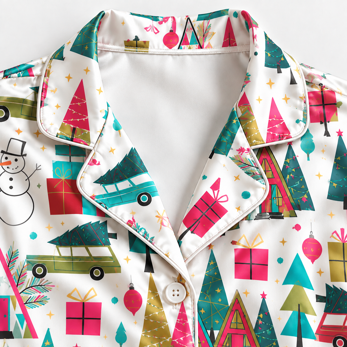 PJ-1945-Christmas Pajama Set, Retro Holiday Village Pajamas, Colorful Christmas Tree Gift Car Sleepwear, Festive Winter PJs