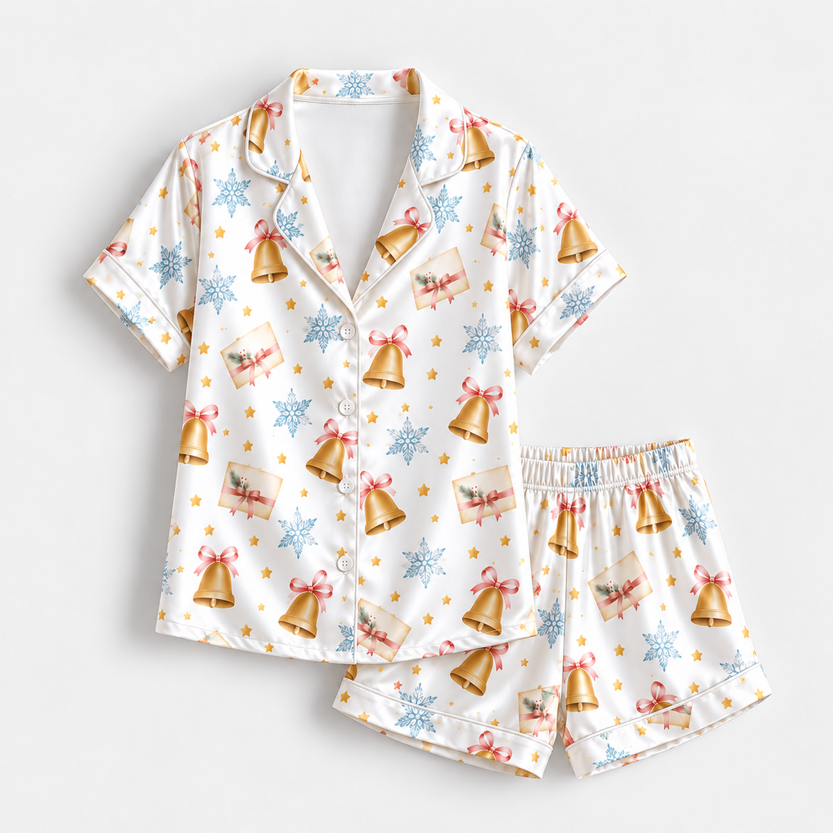 PJ-1946-Christmas Pajama Set, Gold Bell Snowflake Pajamas, Pink Bow Holiday Sleepwear, Elegant Winter Christmas PJs