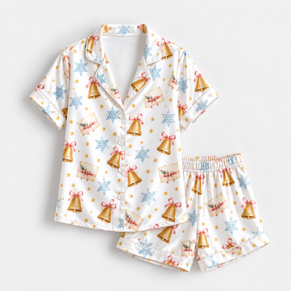 PJ-1946-Christmas Pajama Set, Gold Bell Snowflake Pajamas, Pink Bow Holiday Sleepwear, Elegant Winter Christmas PJs