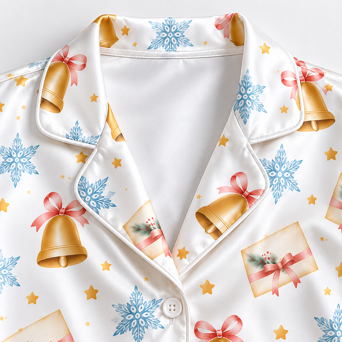 PJ-1946-Christmas Pajama Set, Gold Bell Snowflake Pajamas, Pink Bow Holiday Sleepwear, Elegant Winter Christmas PJs