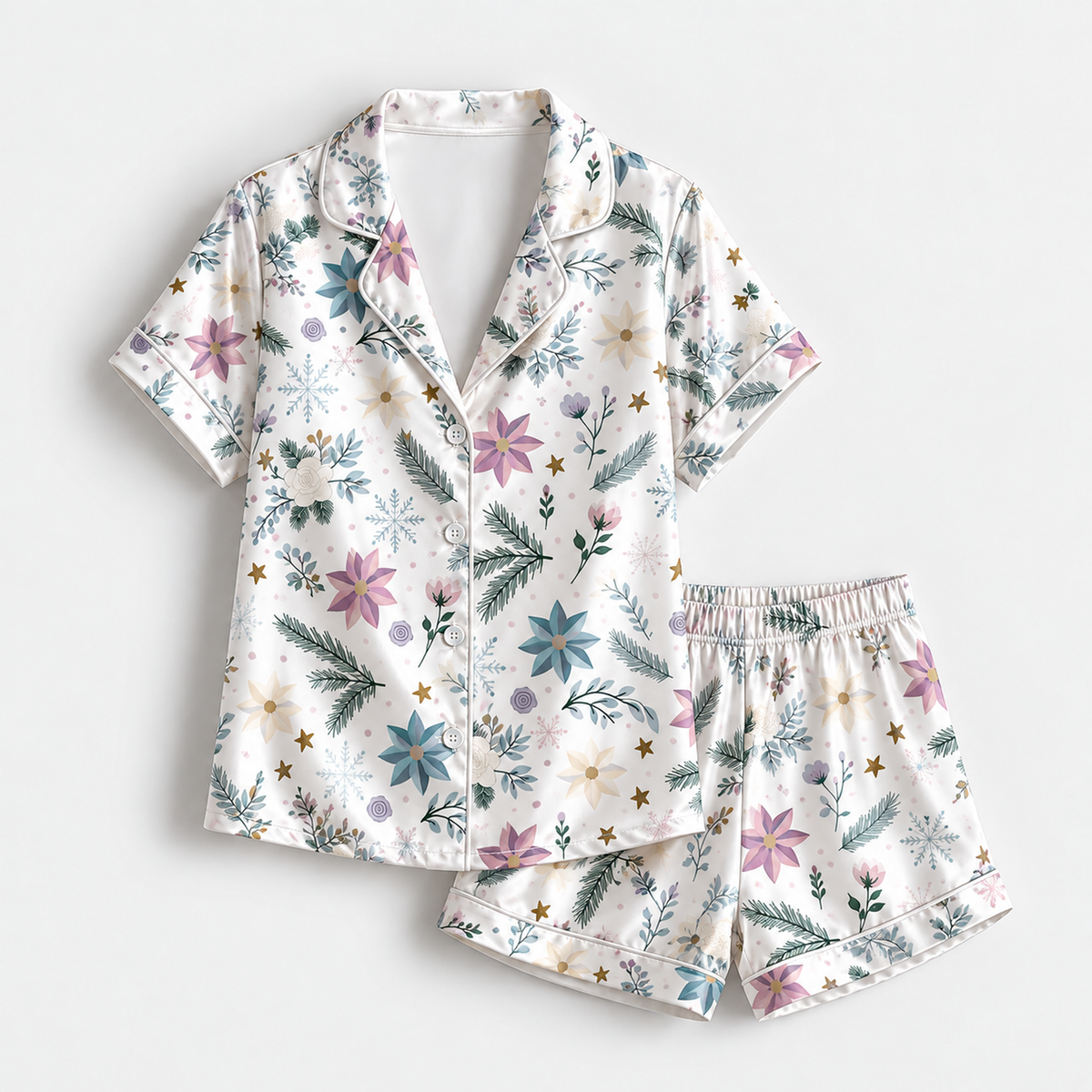 PJ-1947-Christmas Pajama Set, Pastel Snowflake Floral Pajamas, Winter Botanical Holiday Sleepwear, Elegant Festive Christmas PJs