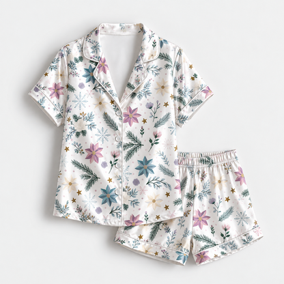 PJ-1947-Christmas Pajama Set, Pastel Snowflake Floral Pajamas, Winter Botanical Holiday Sleepwear, Elegant Festive Christmas PJs