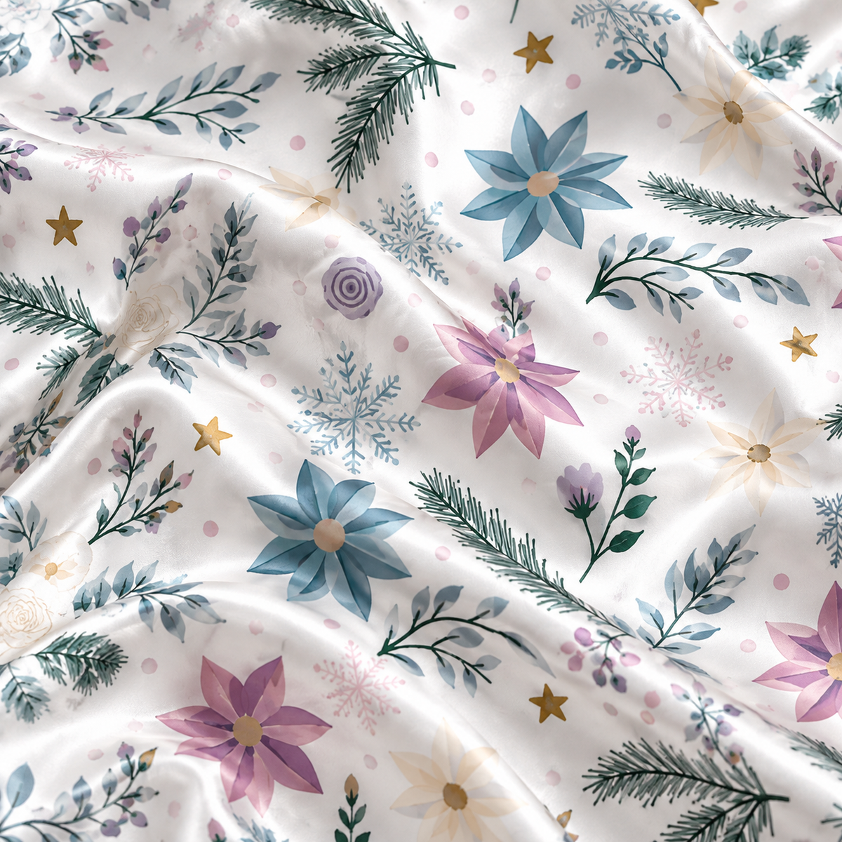 PJ-1947-Christmas Pajama Set, Pastel Snowflake Floral Pajamas, Winter Botanical Holiday Sleepwear, Elegant Festive Christmas PJs