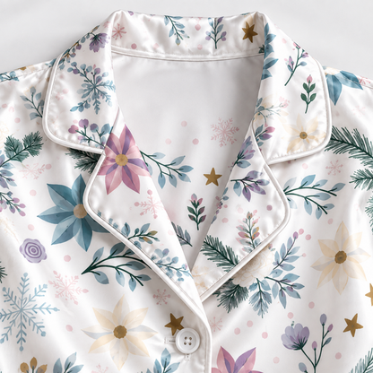 PJ-1947-Christmas Pajama Set, Pastel Snowflake Floral Pajamas, Winter Botanical Holiday Sleepwear, Elegant Festive Christmas PJs