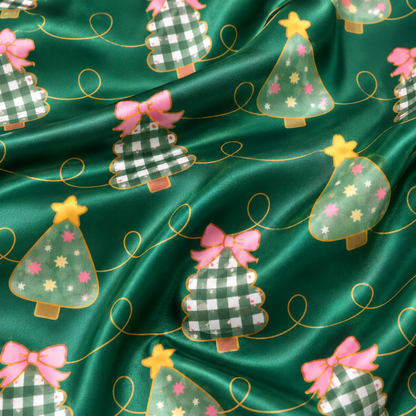 PJ-1949-Christmas Pajama Set, Green Christmas Tree Pajamas, Pink Bow Holiday Sleepwear, Festive Tree Pattern Christmas PJs