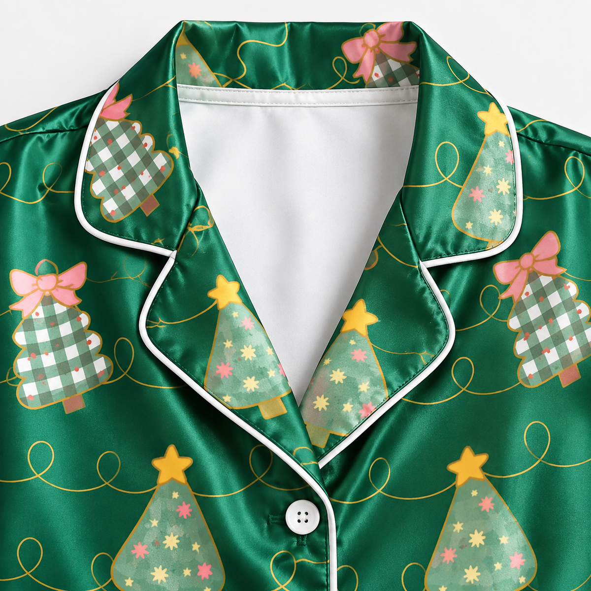 PJ-1949-Christmas Pajama Set, Green Christmas Tree Pajamas, Pink Bow Holiday Sleepwear, Festive Tree Pattern Christmas PJs