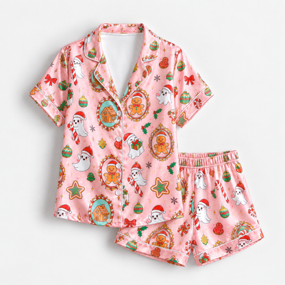 PJ-1950-Pink Christmas Pajama Set, Gingerbread Santa Pajamas, Holiday Cookie Ornament Sleepwear, Whimsical Festive Christmas PJs