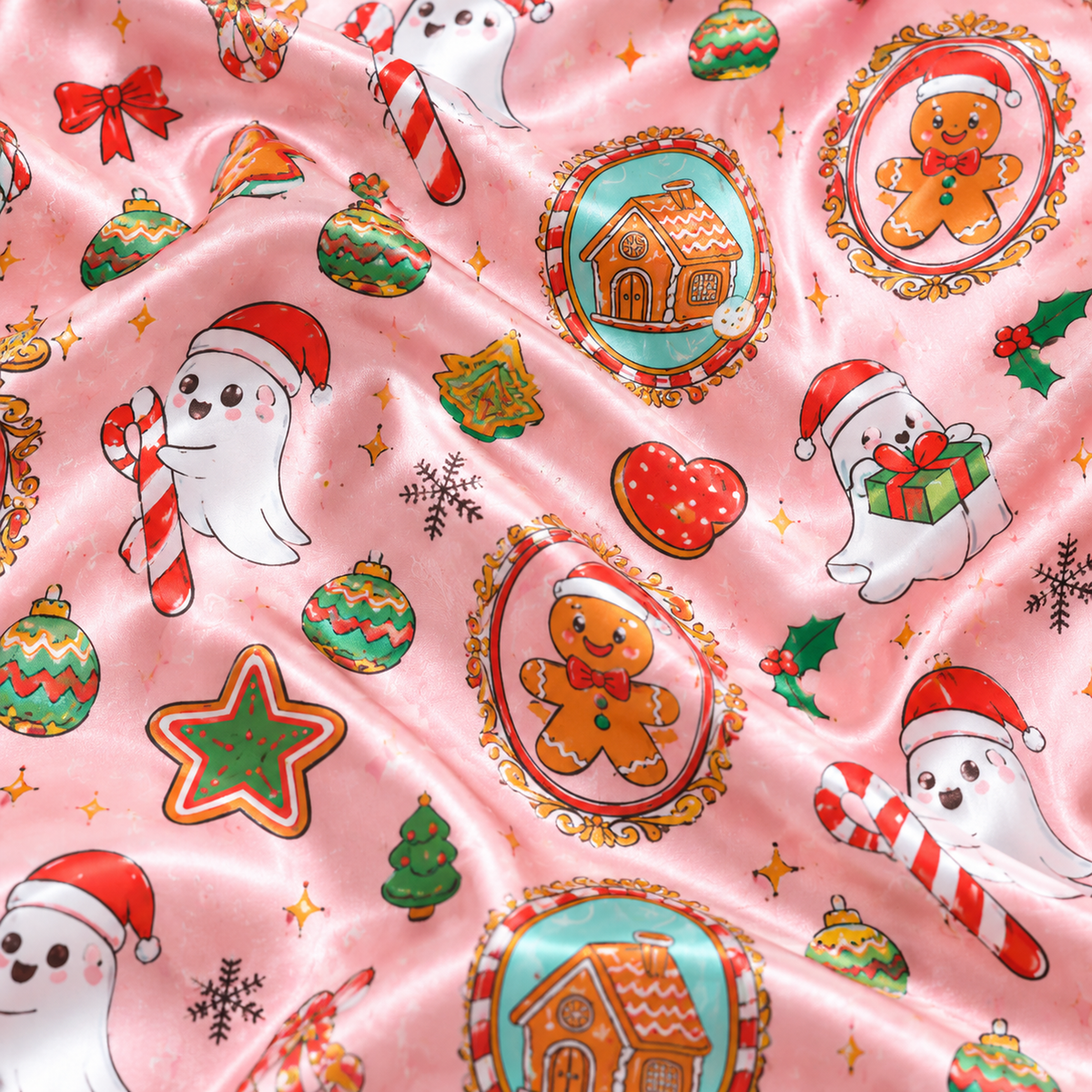 PJ-1950-Pink Christmas Pajama Set, Gingerbread Santa Pajamas, Holiday Cookie Ornament Sleepwear, Whimsical Festive Christmas PJs