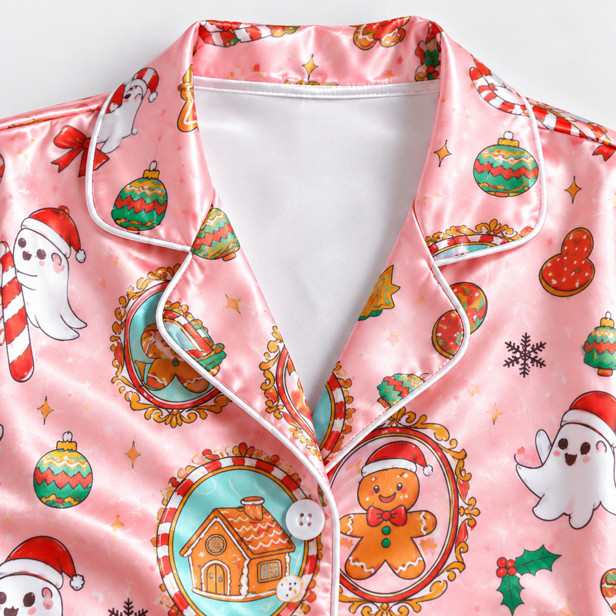 PJ-1950-Pink Christmas Pajama Set, Gingerbread Santa Pajamas, Holiday Cookie Ornament Sleepwear, Whimsical Festive Christmas PJs