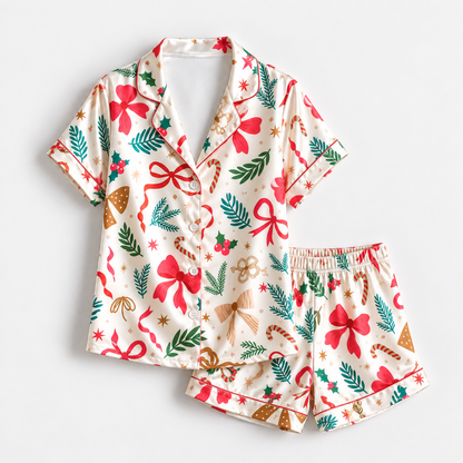 PJ-1951-Christmas Pajama Set, Red Bow Holiday Pajamas, Festive Greenery Gingerbread Sleepwear, Botanical Christmas Gift PJs