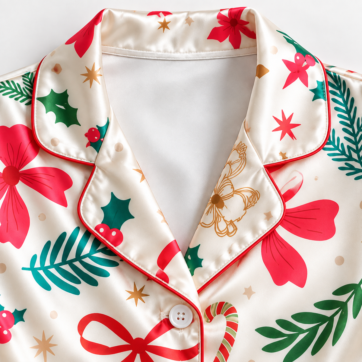 PJ-1951-Christmas Pajama Set, Red Bow Holiday Pajamas, Festive Greenery Gingerbread Sleepwear, Botanical Christmas Gift PJs