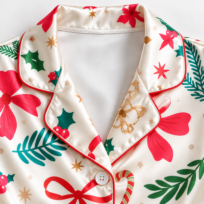 PJ-1951-Christmas Pajama Set, Red Bow Holiday Pajamas, Festive Greenery Gingerbread Sleepwear, Botanical Christmas Gift PJs