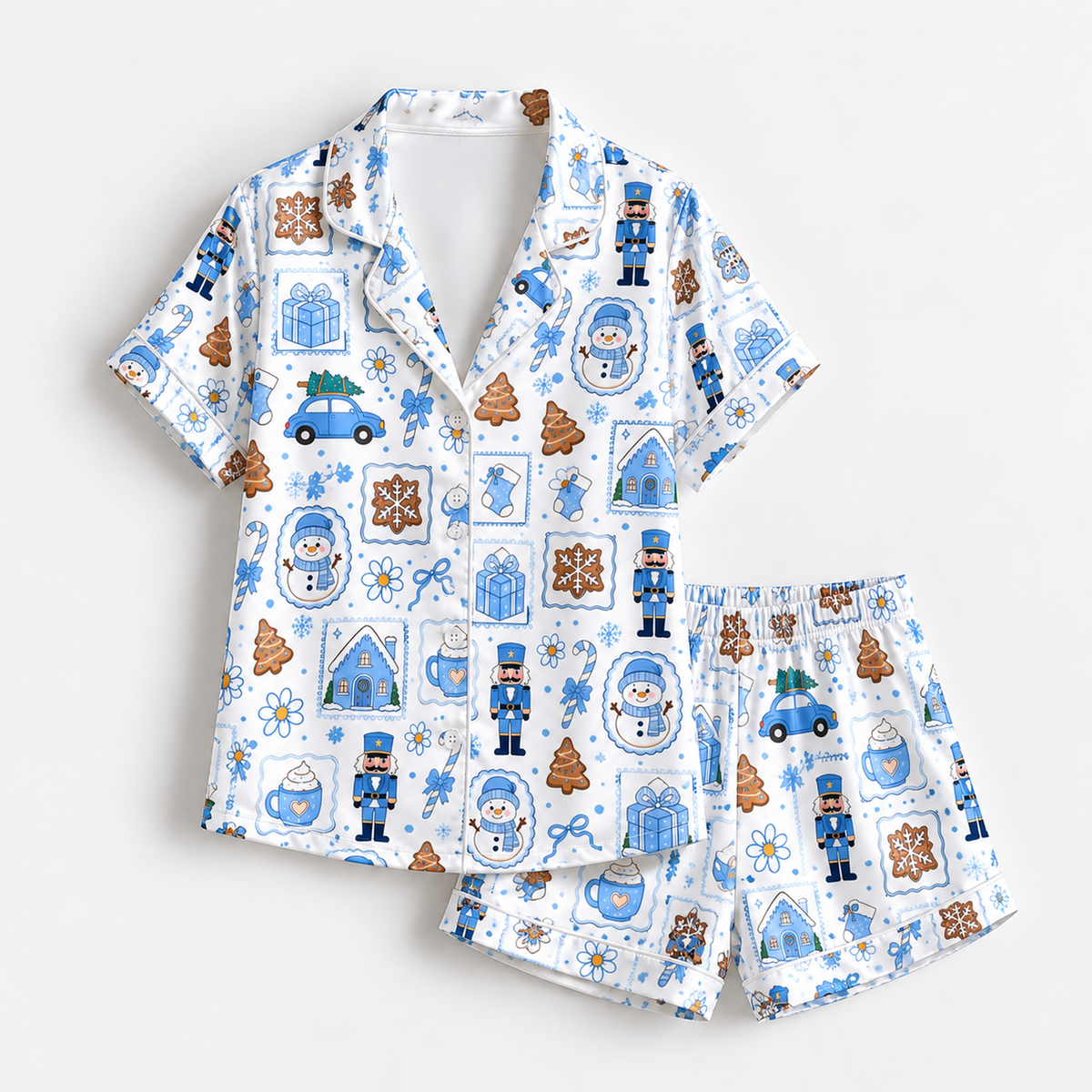 PJ-1954-Christmas Pajama Set, Blue Nutcracker Holiday Pajamas, Gingerbread Gift Winter Sleepwear, Festive Christmas Morning PJs